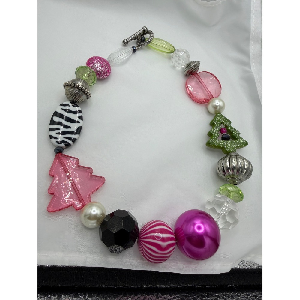 Chunky Christmas Tree Bead Necklace Pink Green Zebra Print Toggle Clasp Festive